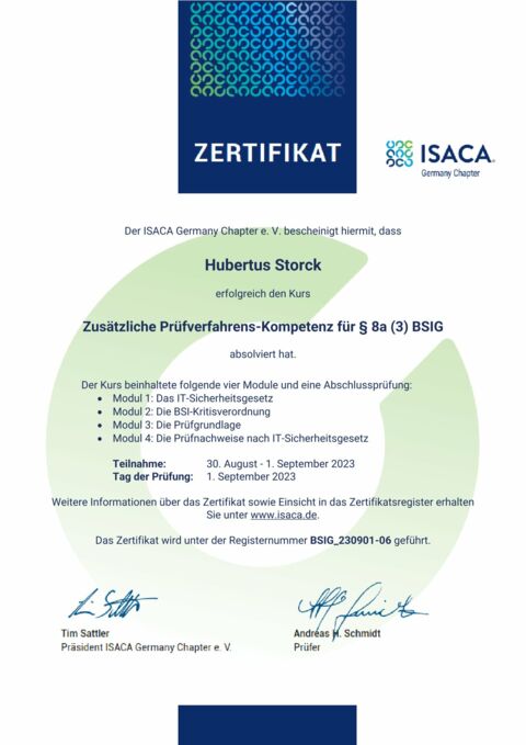 ISACA Germany - BSIG-Zertifikat - Hubertus Storck